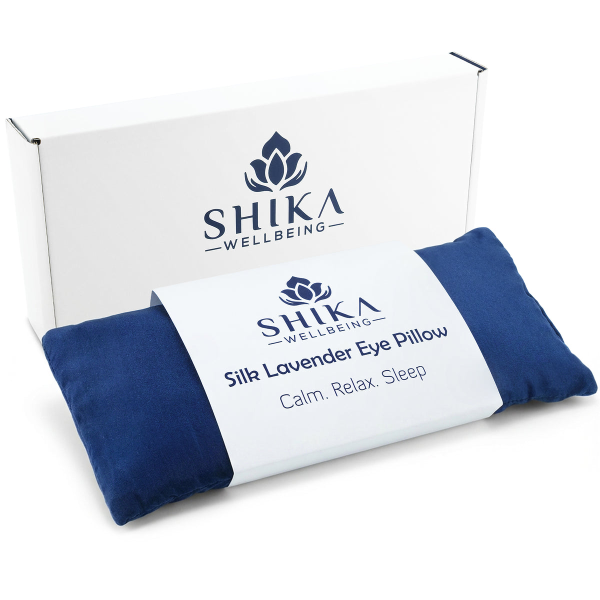 Silk lavender eye pillow with Shika Wellbeing branding on a white background