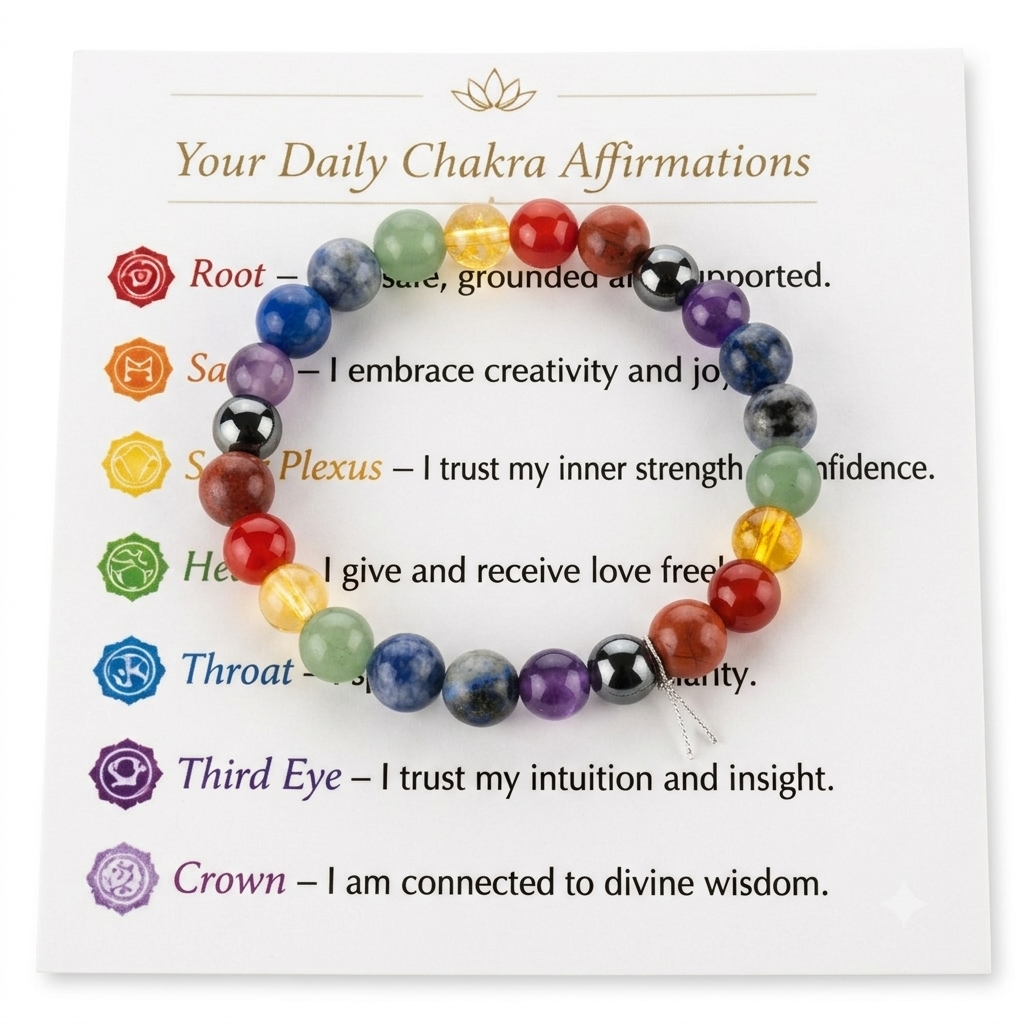 Chakra bracelet with corresponding affirmations on a white background
