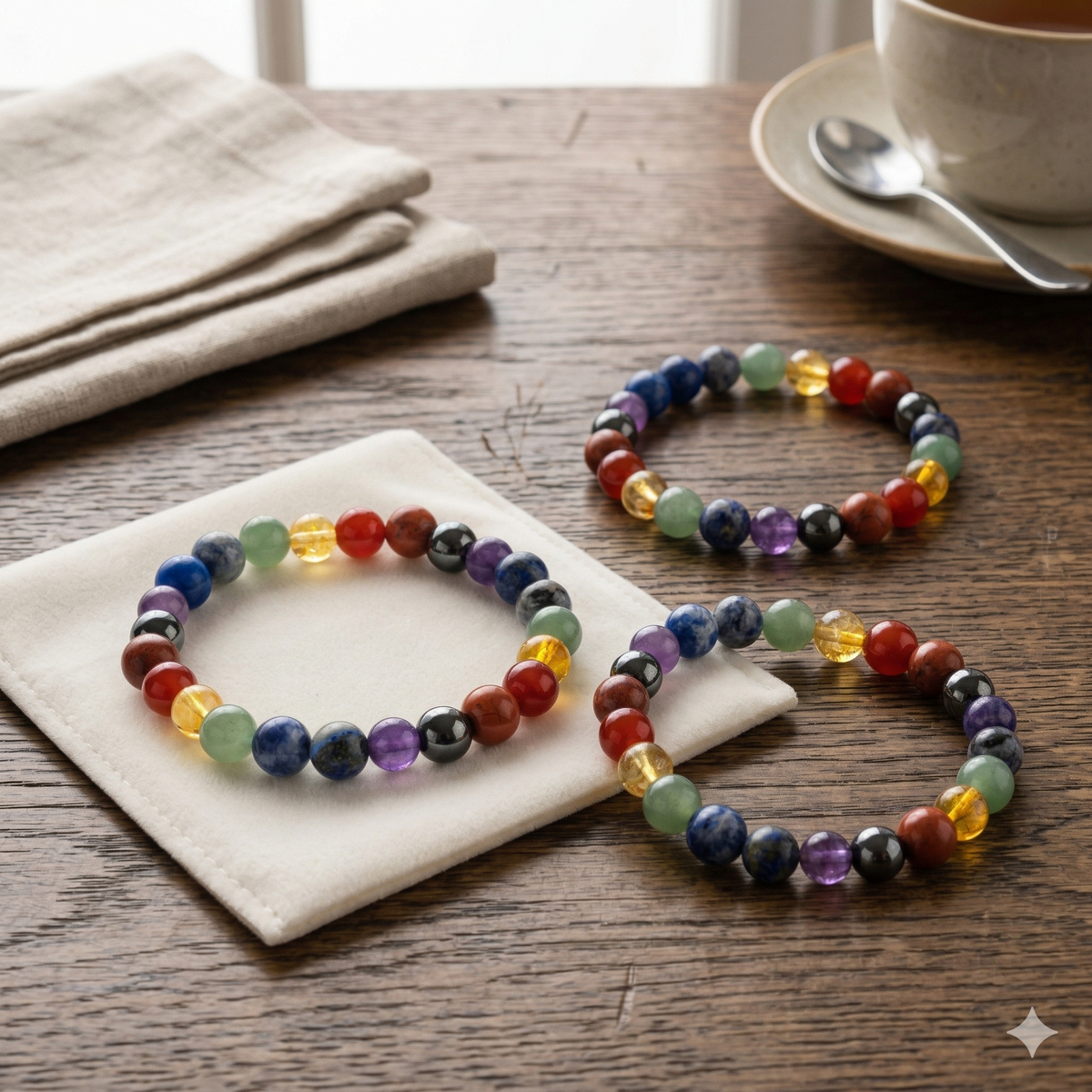 Colorful beaded bracelets on a wooden table with a cup of coffee in the background.