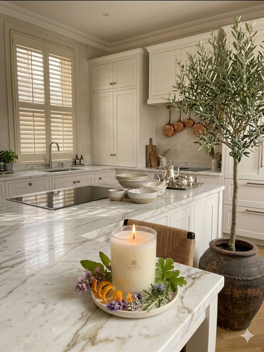 Kitchen with marble island, candle, and decorative elements
