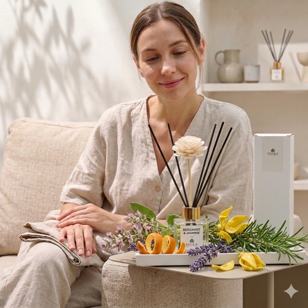 Woman sitting on a couch with a diffuser, flowers, and a product on a table.
