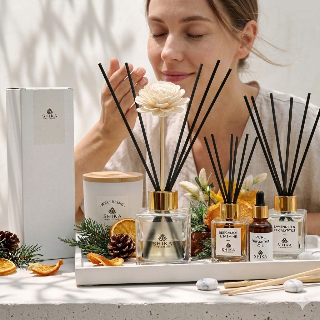Woman arranging Shika diffusers and candles on a table with a white background