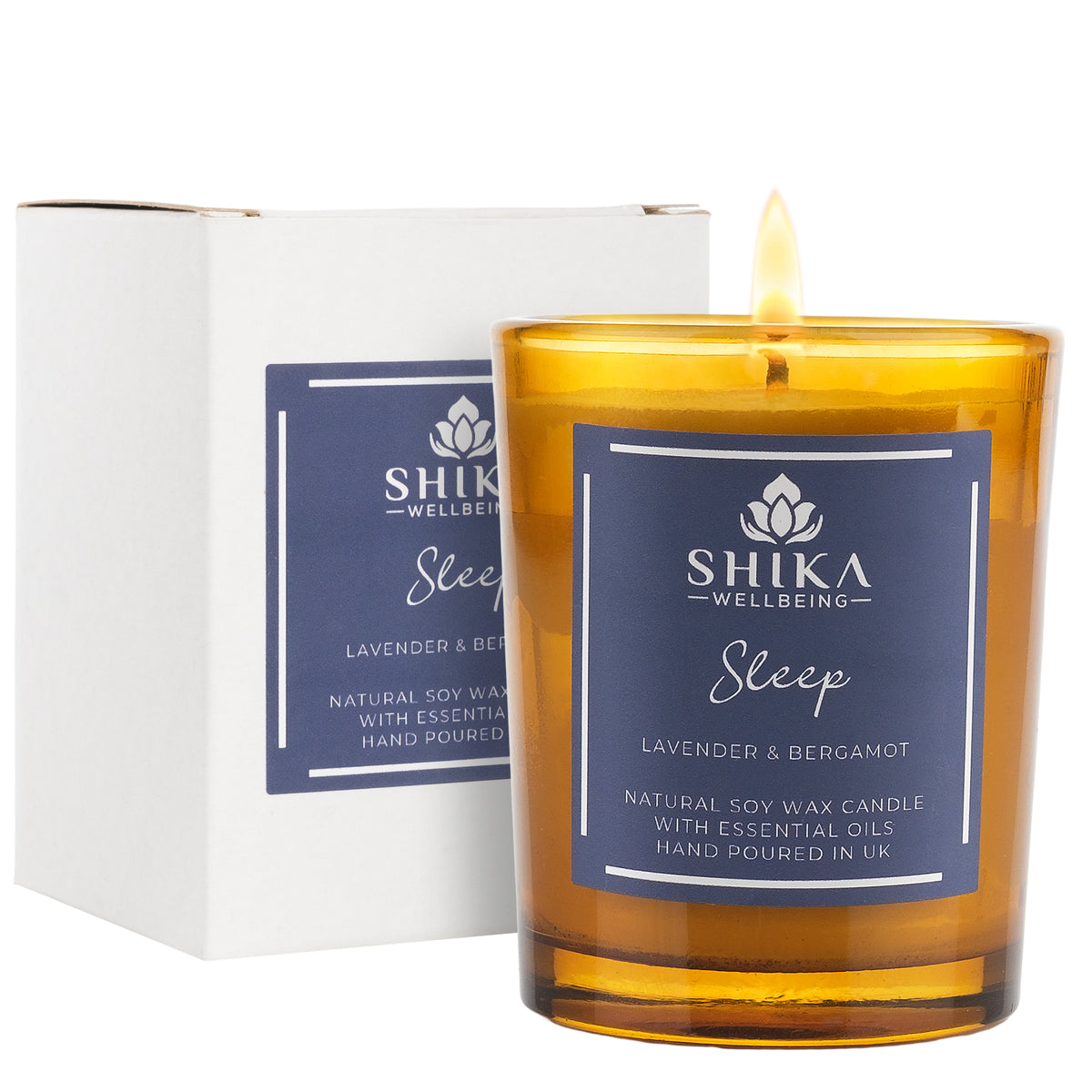 Shika Wellbeing 'Sleep' candle with packaging on a white background
