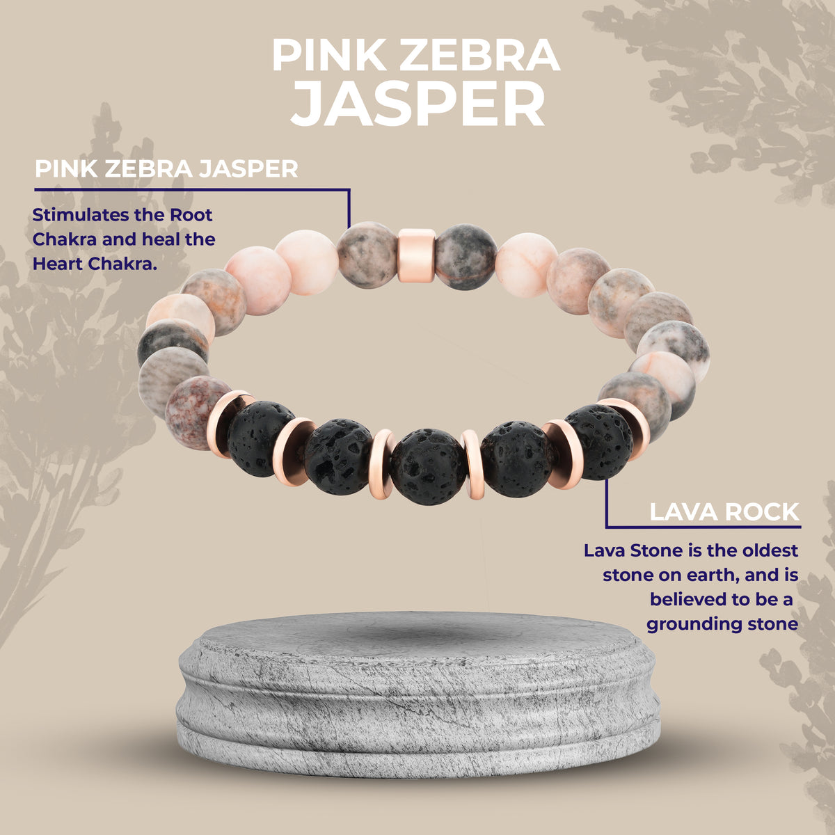 Stones bracelet with pink zebra jasper and lava rock on a gray stand with nature background