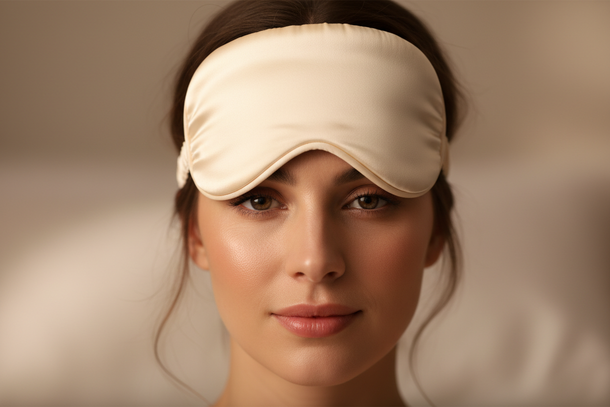female model wearing cream satin eye mask