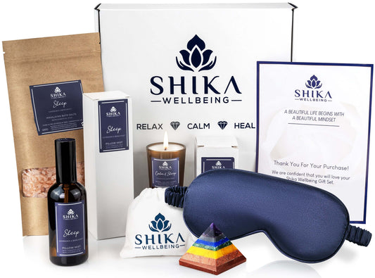 Shika Wellbeing Pamper Hamper Aromatherapy and Relaxation Sleep Well Gift Set
 Lavender and Bergamot Aromatherapy Soy Candle in the Wellness Gift Set