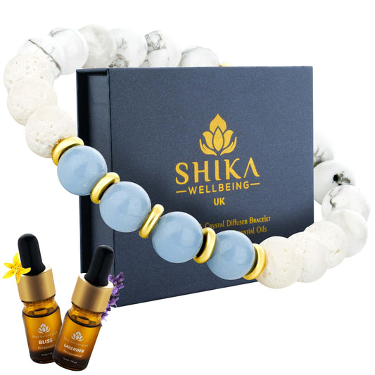 Blue Angelite + Howlite Lava Stone Aromatherapy Bracelet Gift Set with Bliss & Lavender Oil for Anxiety & Wellbeing
