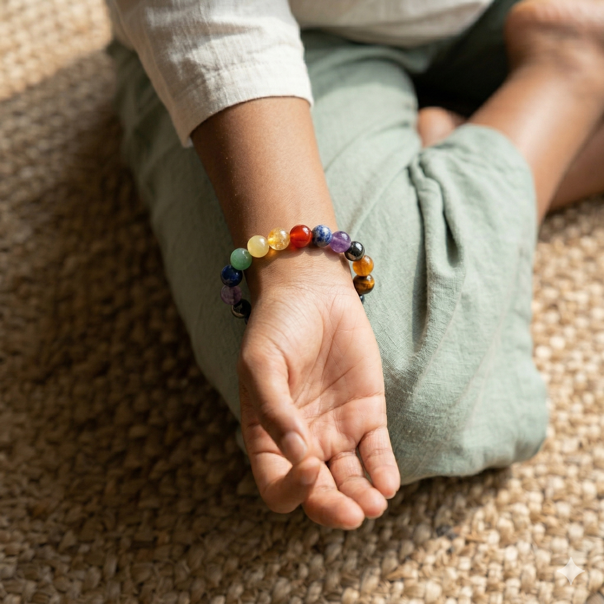 Person wearing a colorful beaded bracelet on a carpeted floor