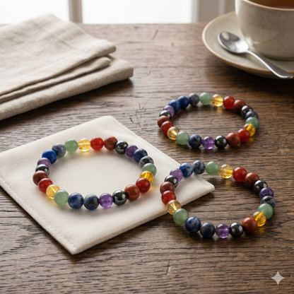 Colorful beaded bracelets on a wooden table with a cup of coffee in the background.