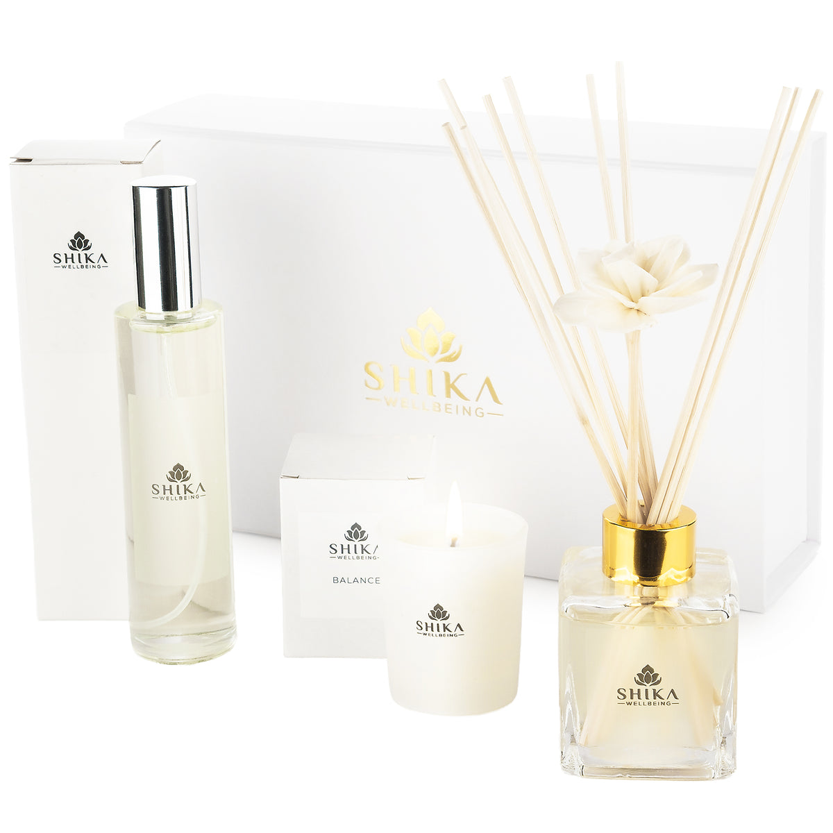 Shika diffuser, candle, and bottle on a white background
