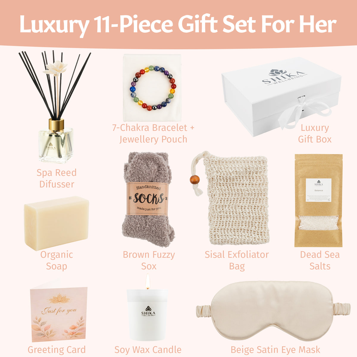 Luxury 11-piece gift set for her with various items displayed.