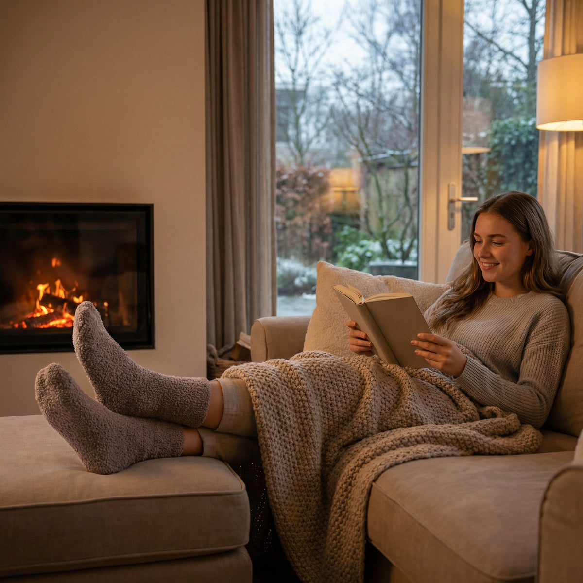 Woman reading a book on a couch in a cozy living room with a fireplace.