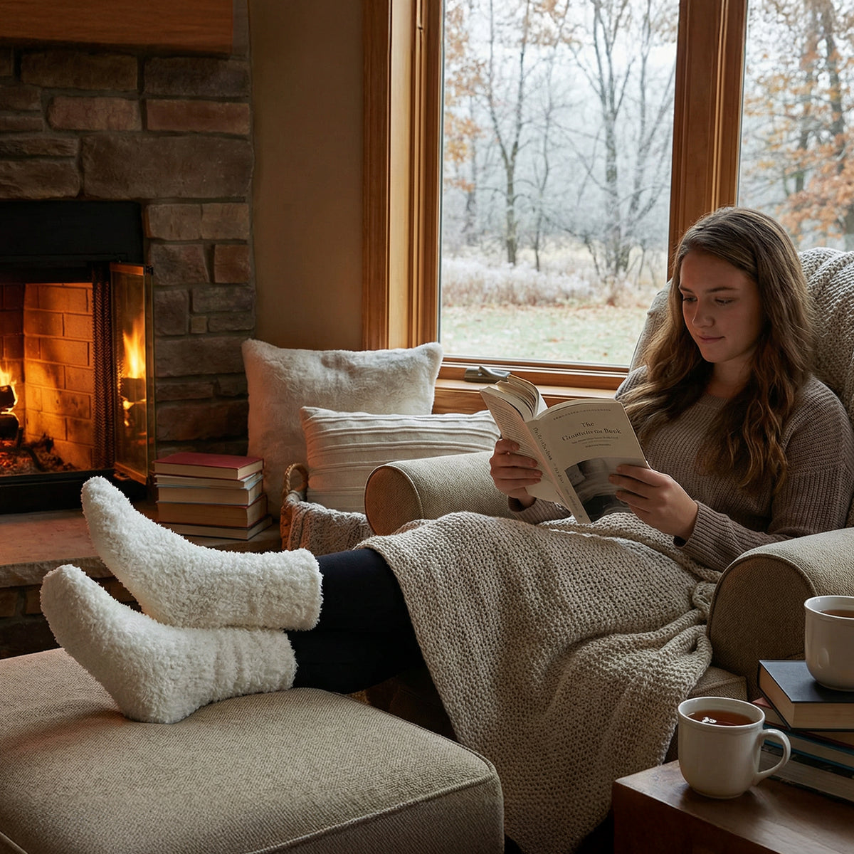 Woman reading a book in a cozy living room with a fireplace and window view.