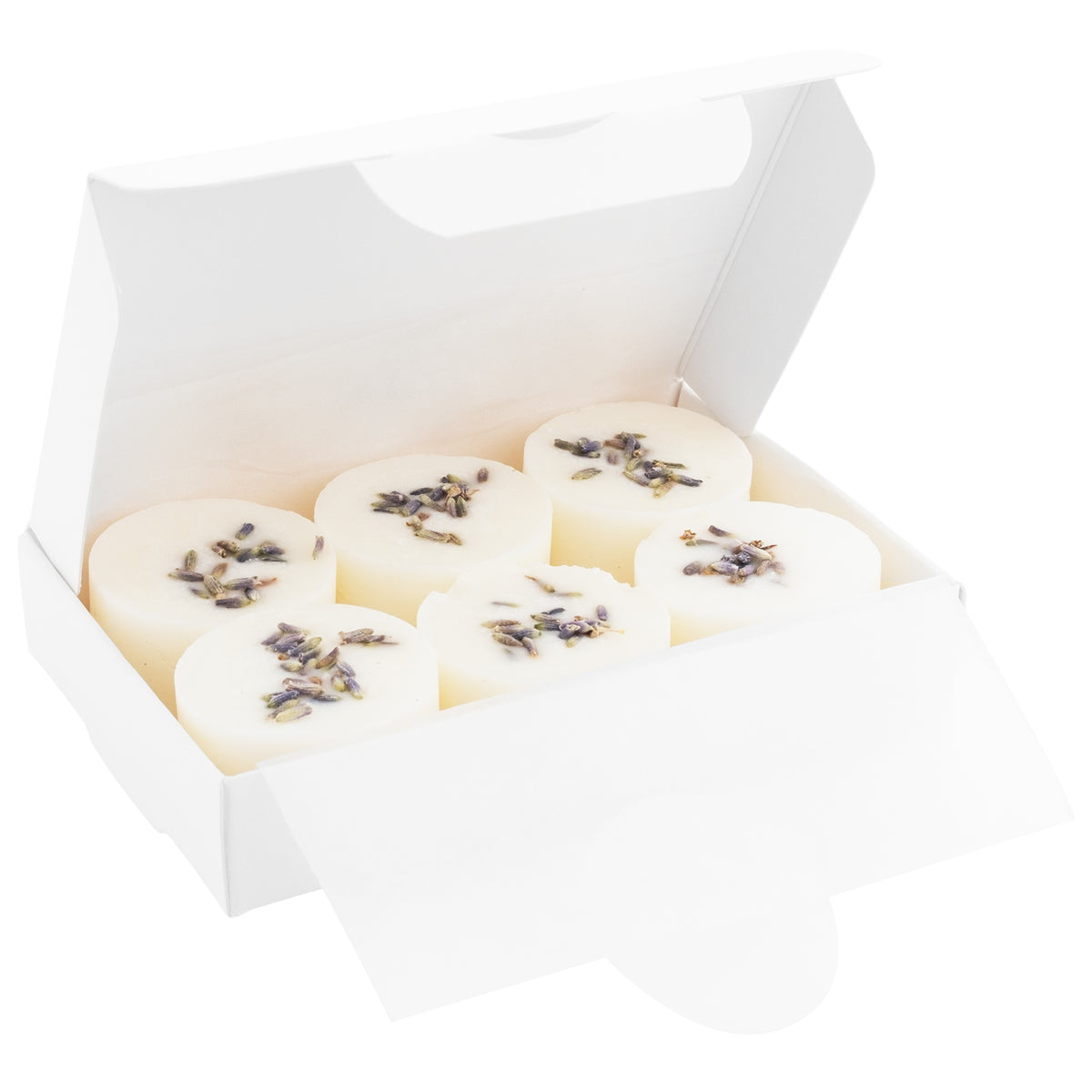 Box of white cookies with lavender sprinkles on a white background