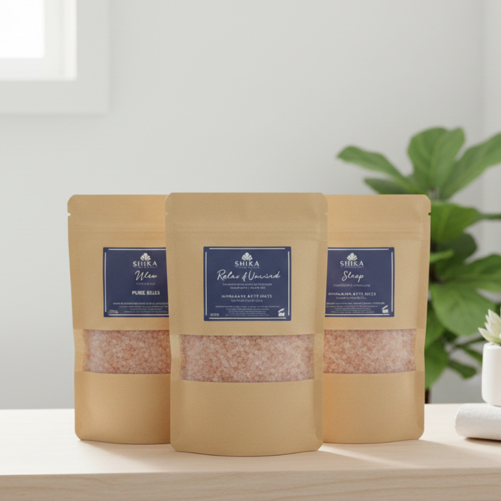 Three packages of Sfeer salt on a wooden surface with a plant in the background