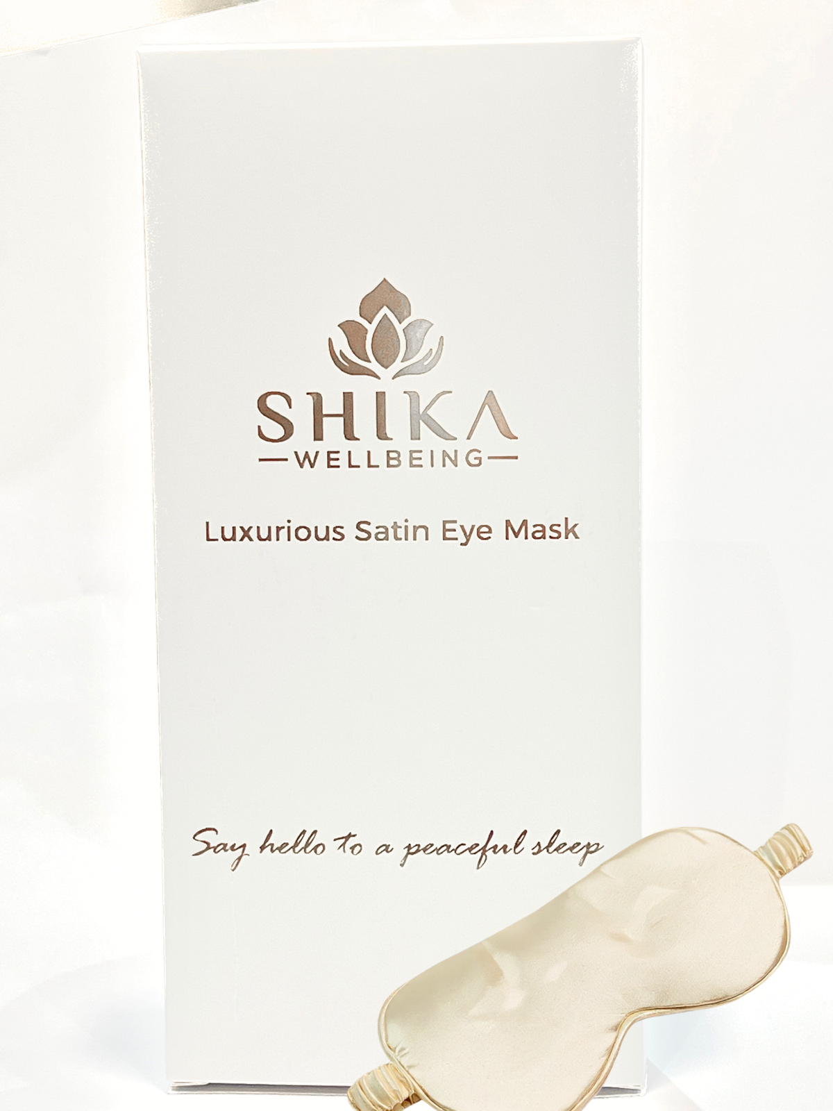 Shika Wellbeing luxurious satin eye mask packaging on a white background