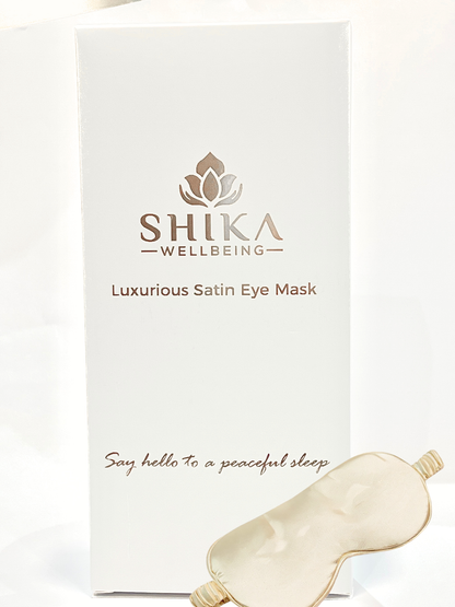 Shika Wellbeing luxurious satin eye mask packaging on a white background