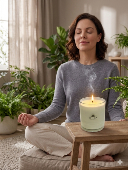 Woman meditating with a lit candle on a table in a serene indoor setting