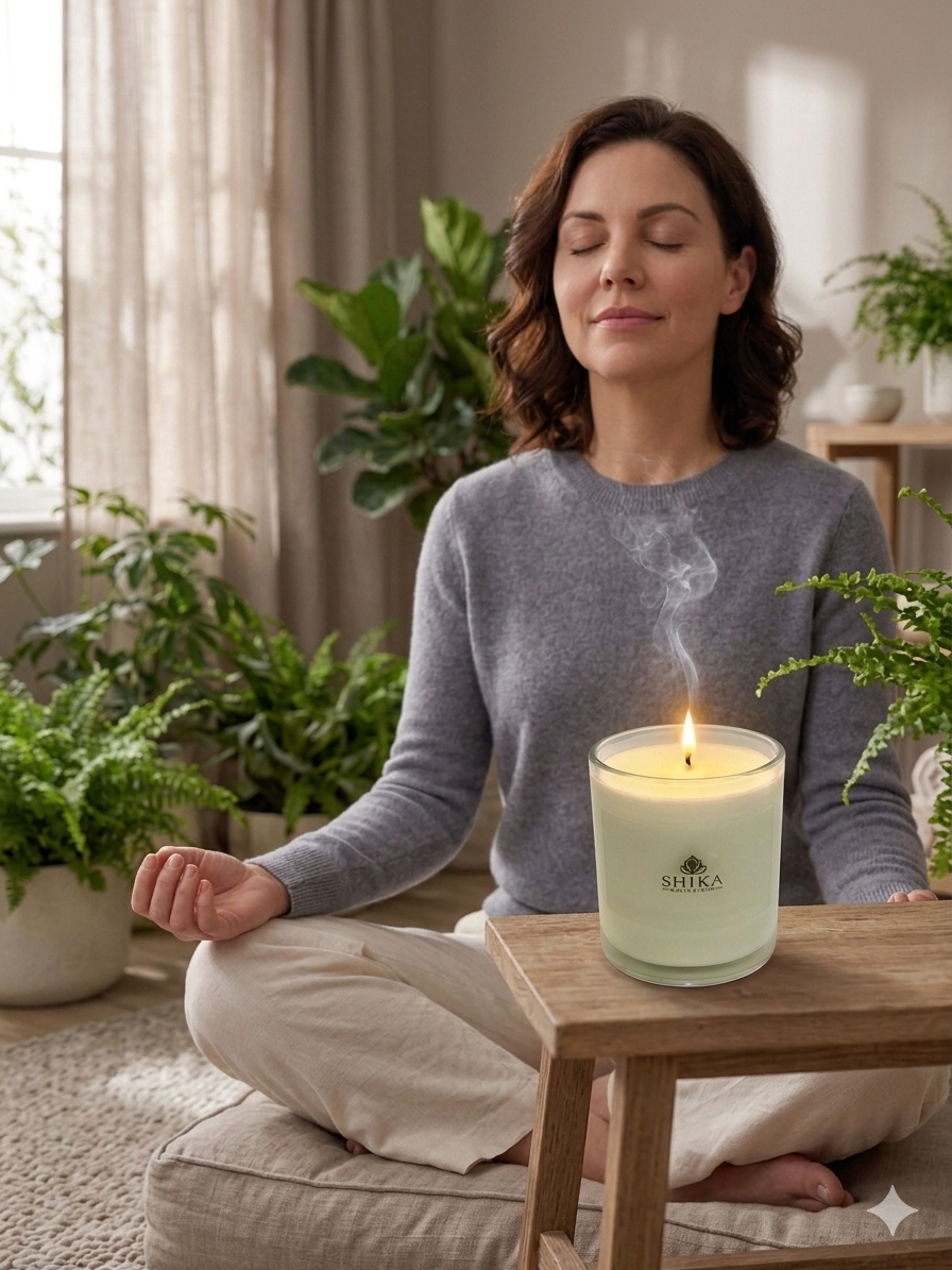 Woman meditating with a lit candle on a table in a serene indoor setting