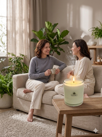 Two women sitting on a couch in a cozy living room with a Sucka candle on a table.