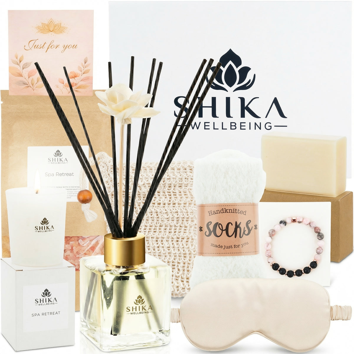 Shika Wellbeing product set including diffuser, socks, and eye mask on a white background