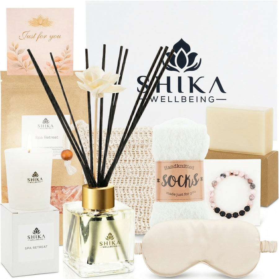 Shika Wellbeing product set including diffuser, socks, and eye mask on a white background