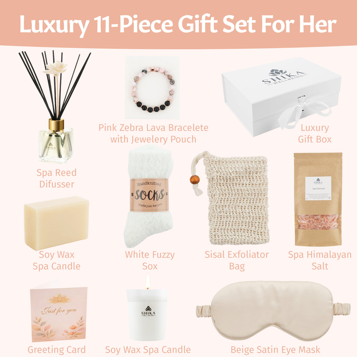 Luxury 11-piece gift set for her with various items including a spa reed diffuser, pink zebra lava bracelet, and satin eye mask.