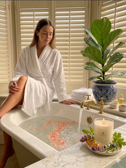 Woman in a white robe sitting in a bathtub with candles and flowers, surrounded by plants.