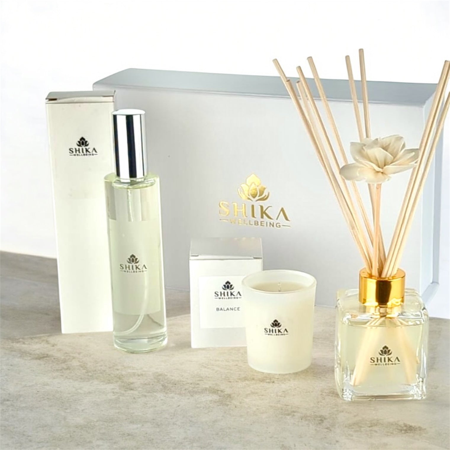 Balance Mood Boosting Home Fragrance Gift Set | Reed Diffuser, Candle & Room Spray