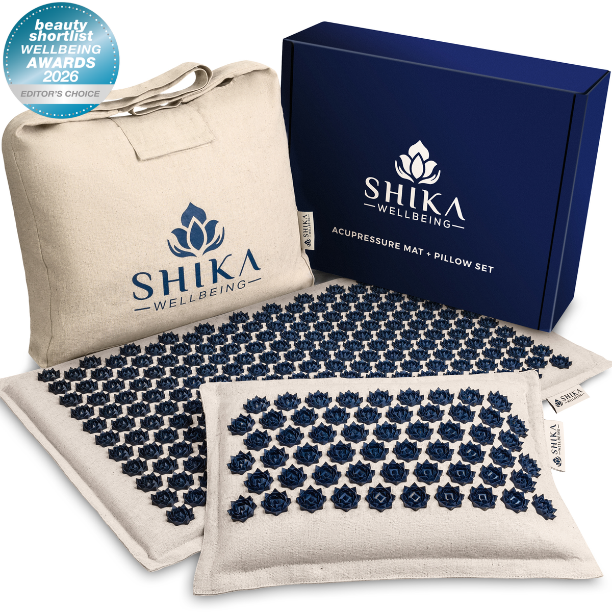 Shika Wellbeing acupressure mat and pillow set with packaging on a white background