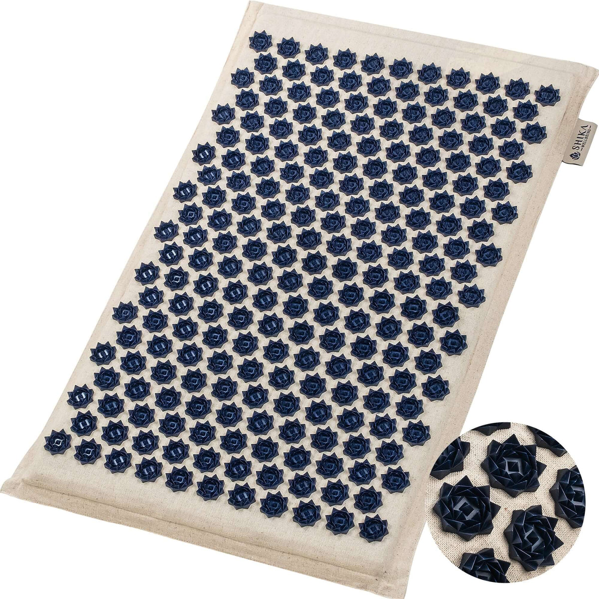 An acupressure mat with a beige surface featuring numerous blue acupressure points, accompanied by a close-up view of the same mat showing the detailed texture of the spikes.