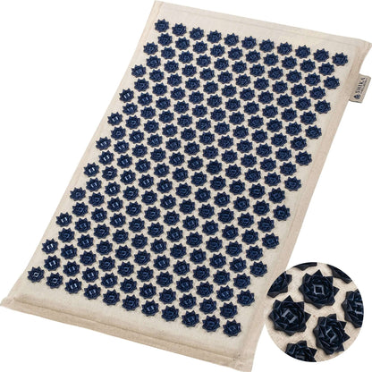 An acupressure mat with a beige surface featuring numerous blue acupressure points, accompanied by a close-up view of the same mat showing the detailed texture of the spikes.