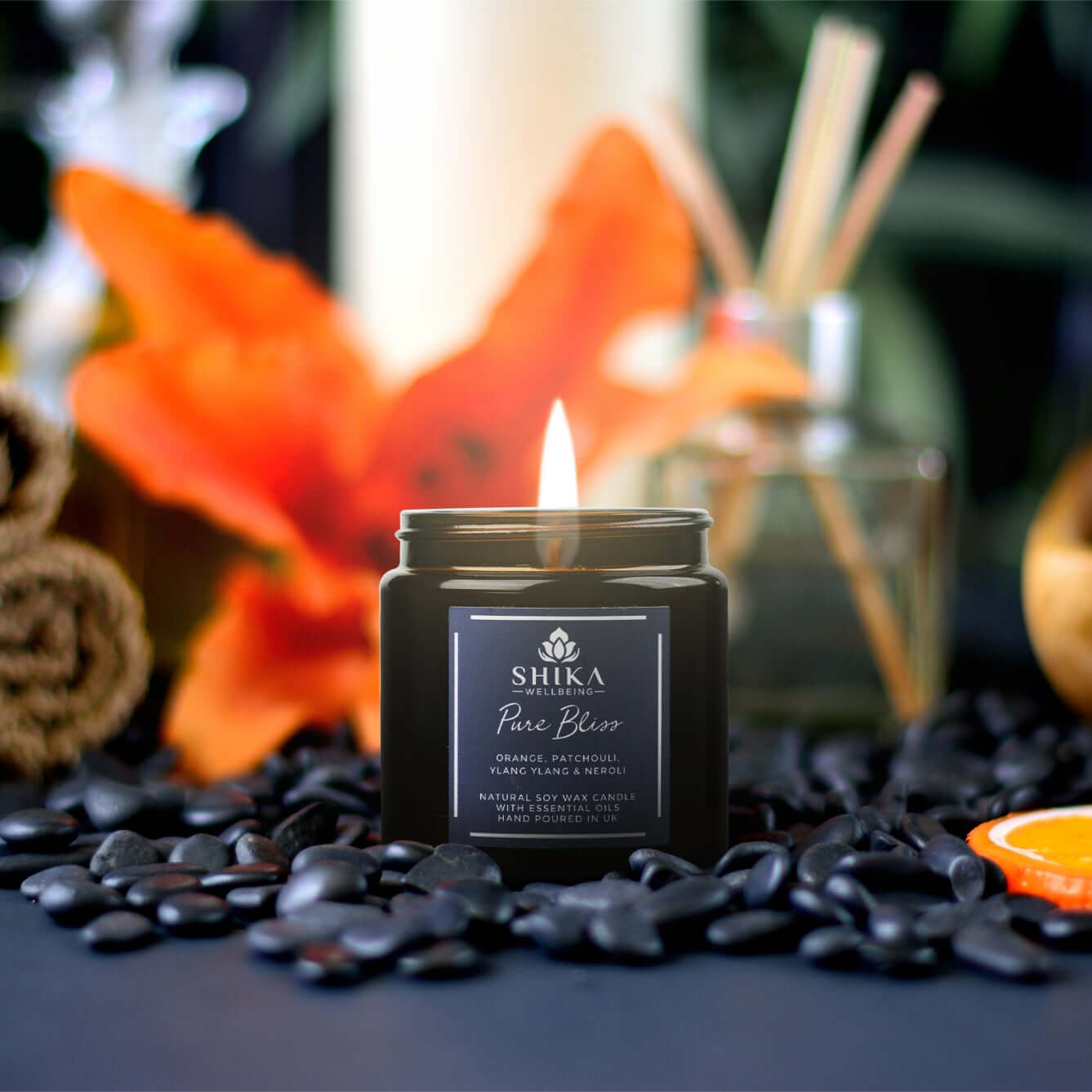 Shika Wellbeing Pure Bliss candle in a gorgeous pharmacy jar for boosting your mood and relaxation