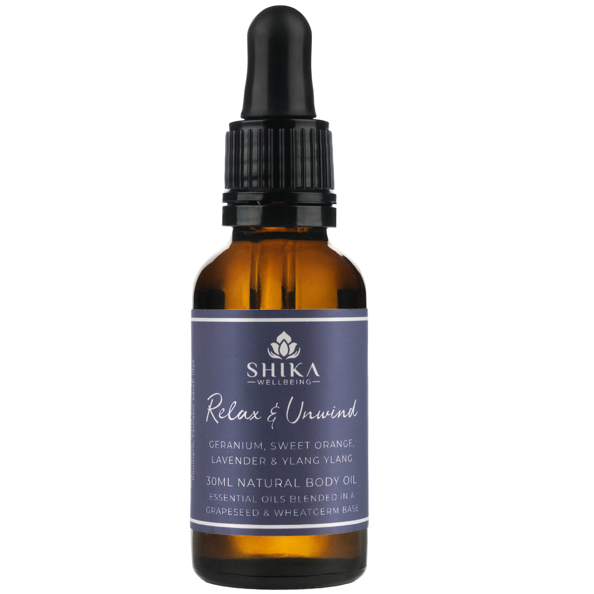 Shika Relax & Unwind natural body oil bottle on a white background
