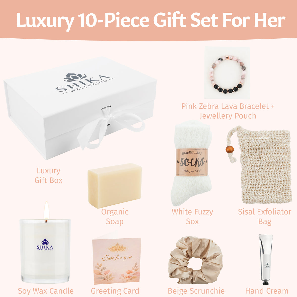 Luxury 10-piece gift set for her with various items including a candle, soap, and scrubber.