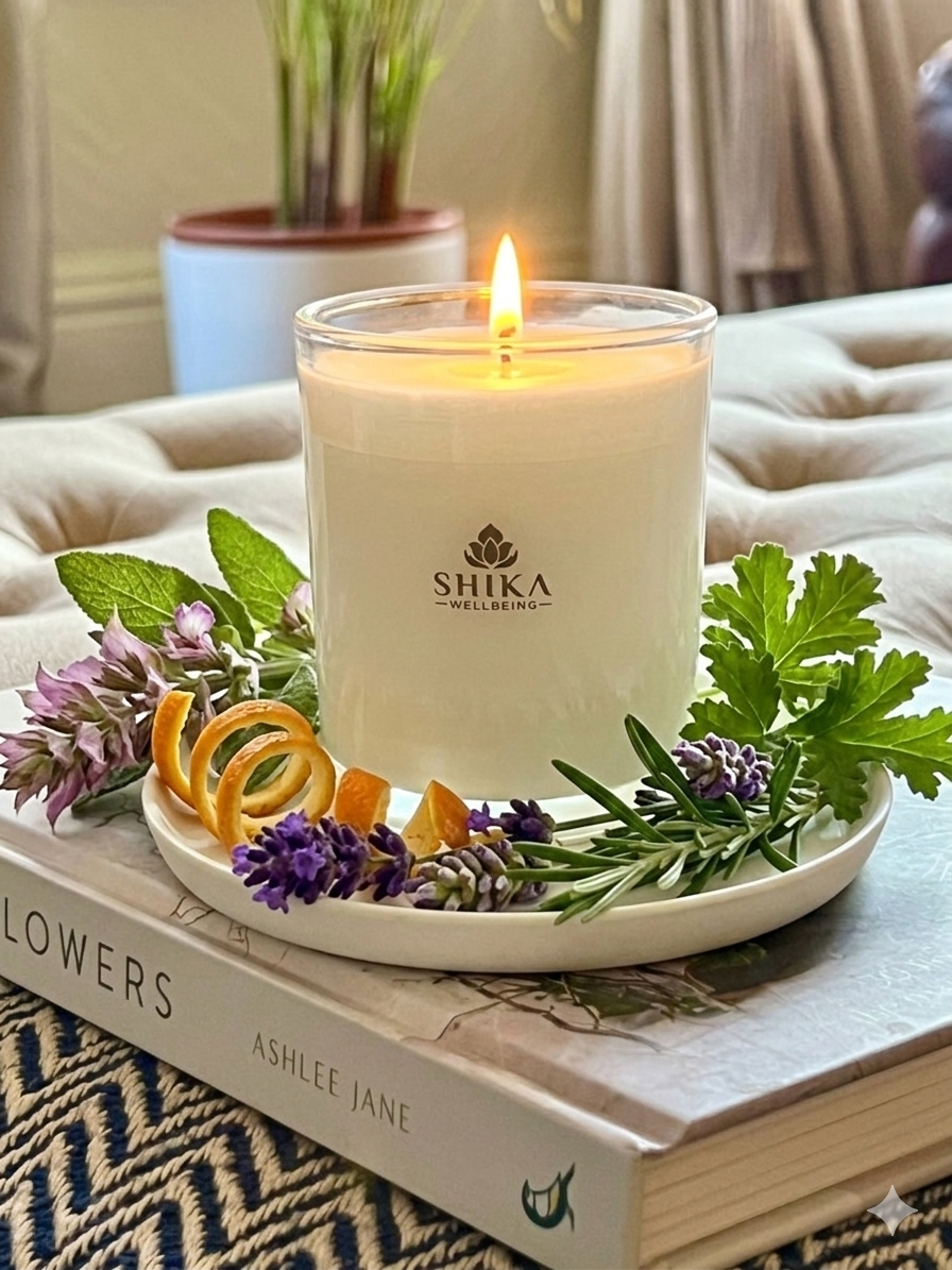 Shika Wellbeing candle on a book with flowers and leaves
