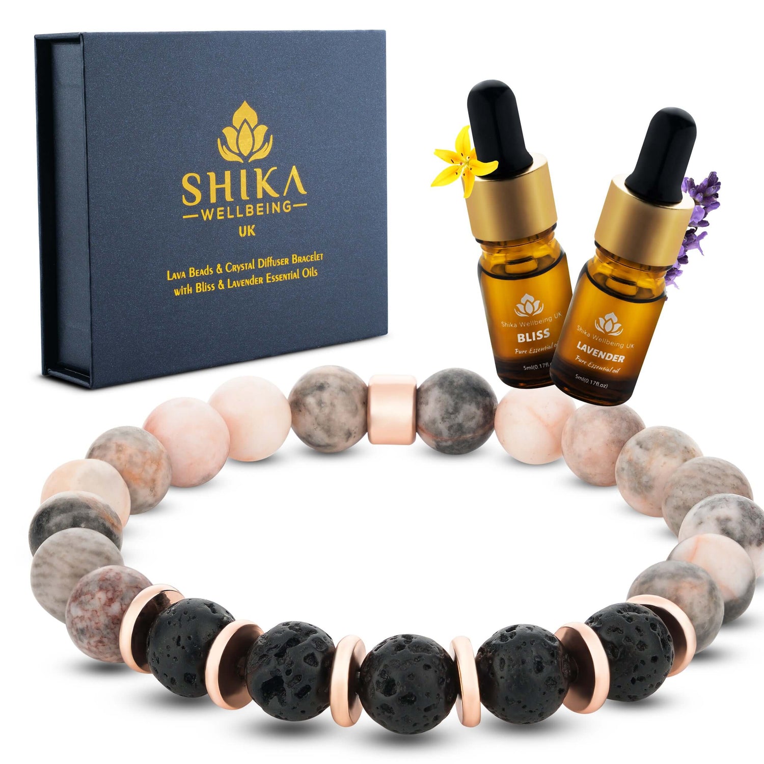 Whether you're facing a hectic day or seeking a moment of respite, this gift set provides the perfect solution. Simply apply a few drops of bliss and lavender oil to the lava stone beads and let the soothing scent envelop you in comfort.