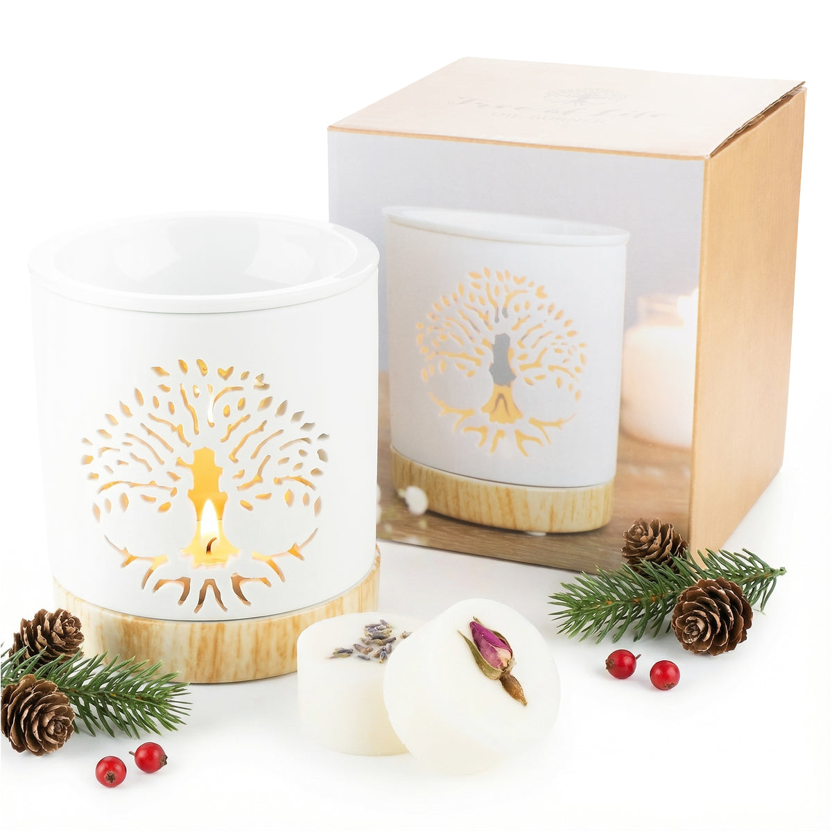 White candle with gold design in a wooden box, surrounded by decorative elements on a white background