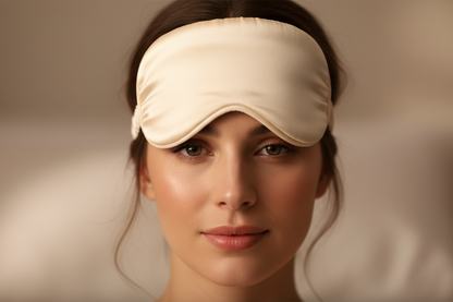 female model wearing cream satin eye mask
