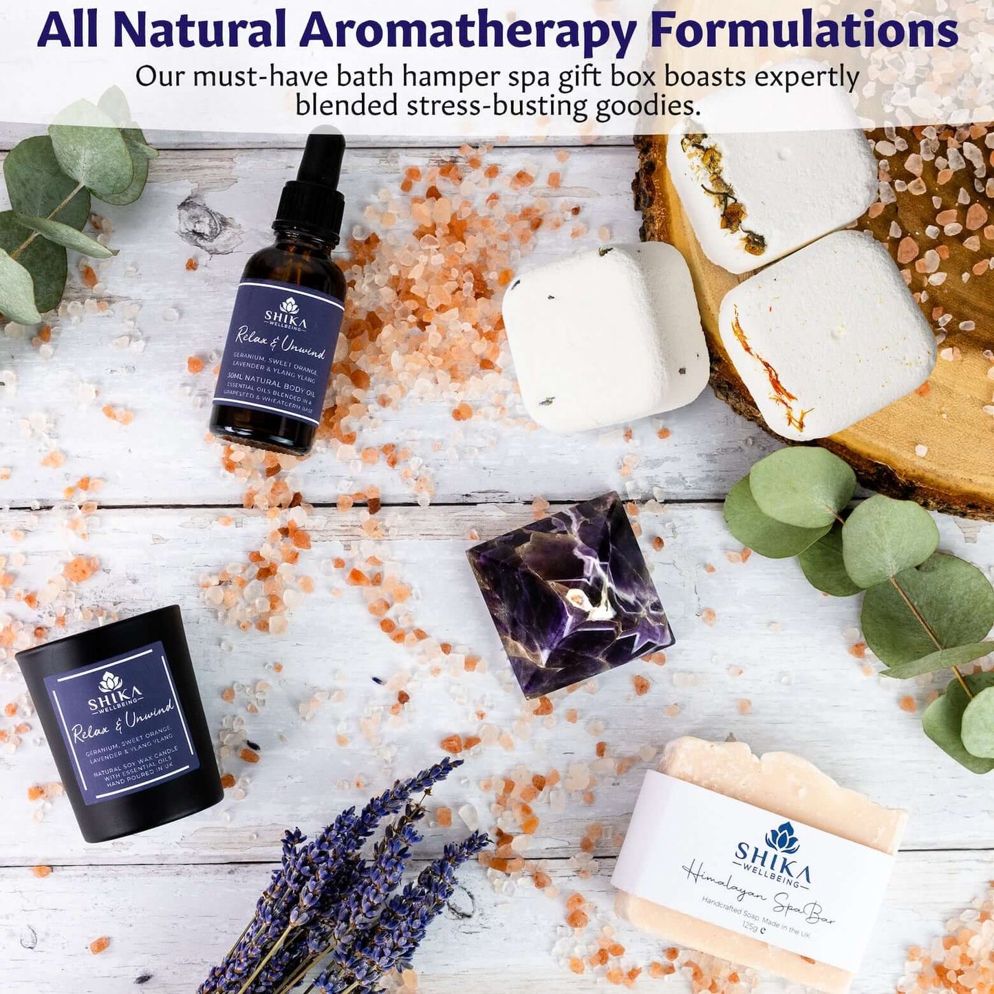 From calming lavender to invigorating eucalyptus, each essential oil is carefully selected to promote relaxation and enhance your well-being. Whether you're looking to unwind after a long day or simply treat yourself to a moment of self-care, this pamper hamper has everything you need to rejuvenate your body, mind, and spirit.